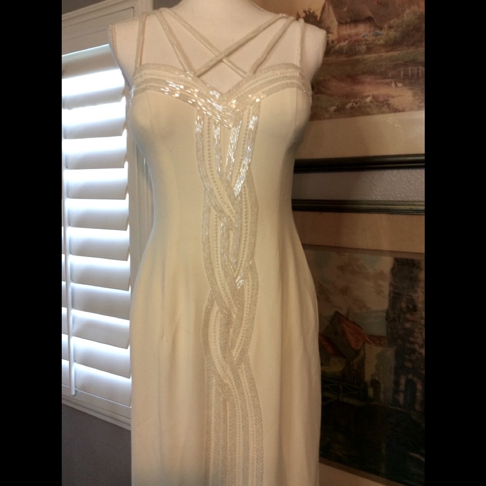Bella Diasa Beaded White Crepe Gown Sz. 10
